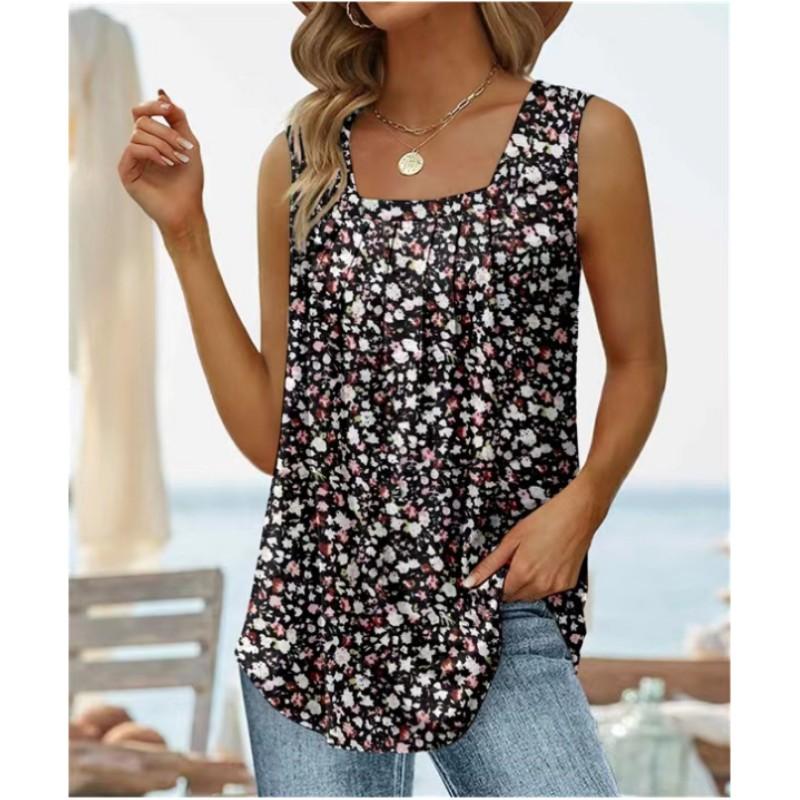 Women's Summer Sleeveless Square Neck Printed T-Shirt Temperament Comfortable Loose Tank Top
