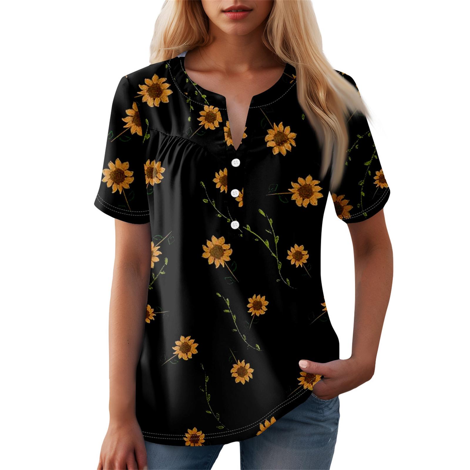 

Женская повседневная футболка с v-образным вырезом и коротким рукавом с цветочным принтом и декоративными пуговицами, топ XXL