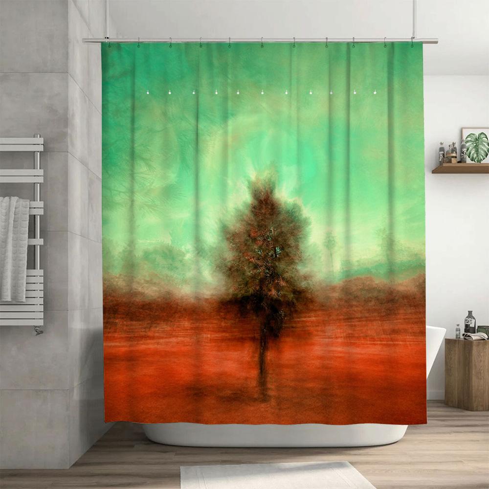Green Earthy Shower Curtain with Abstract Artistic Design for Bathroom Decorations Orange Red Colorful Print
