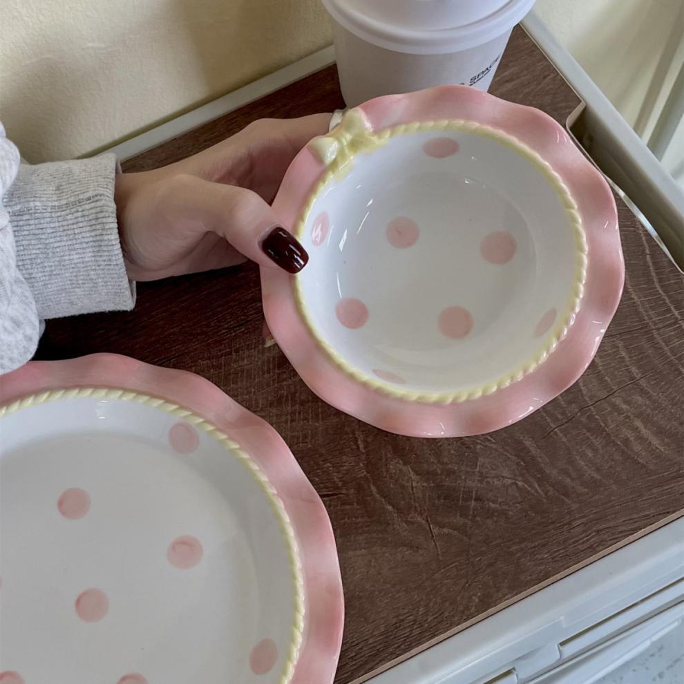 Keramikgeschirr-Set im koreanischen Stil: Punkte Schleife - Niedliche Reisschalen & Tiefe Teller