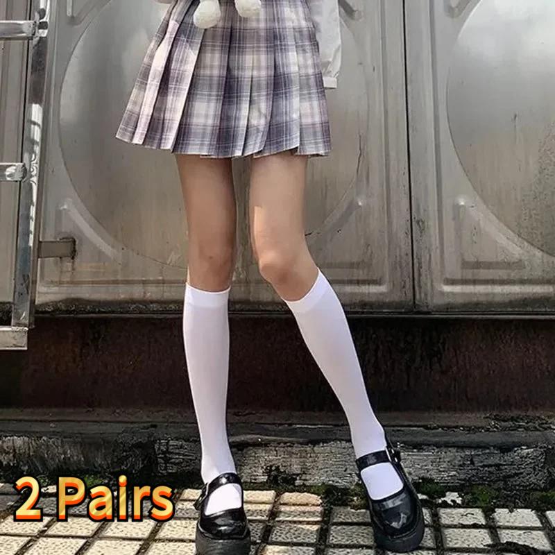 2 Pairs Women Lolita Lace-edge Bow Velvet Stockings Mid Leg Socks Thin Breathable Soft Cute College Style Kawaii Calf Socks