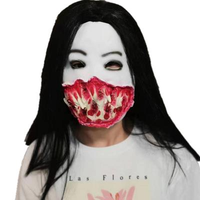 Horror Mask Black Hair and Fangs Prank Full Face Halloween Cosplay Dance Party Scary Latex Headgear
