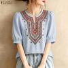 Women Ethnic Print Casual Round Neck Loose Half Sleeve Blouse