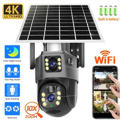 Solární bezpečnostní kamery Bezdrátové venkovní 4K Duální objektiv 360° PTZ, Automatické sledování, Zvukový a světelný alarm, PIR detekce pohybu, Solární WiFi kamery pro zabezpečení