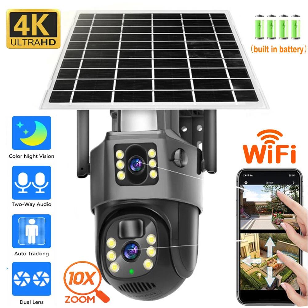 Telecamere di Sicurezza Solari Wireless per Esterno 4K Doppia Lente 360° PTZ, Auto Tracking, Allarme Sonoro e Luminoso, Rilevamento Movimento PIR, Tel