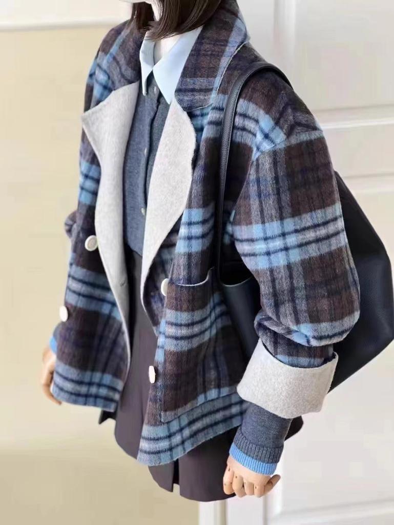 Empress Dowager Cixi Women's Double-Sided Cashmere Scarf Coat - Plaid Wool Outerwear for Autumn/Winter