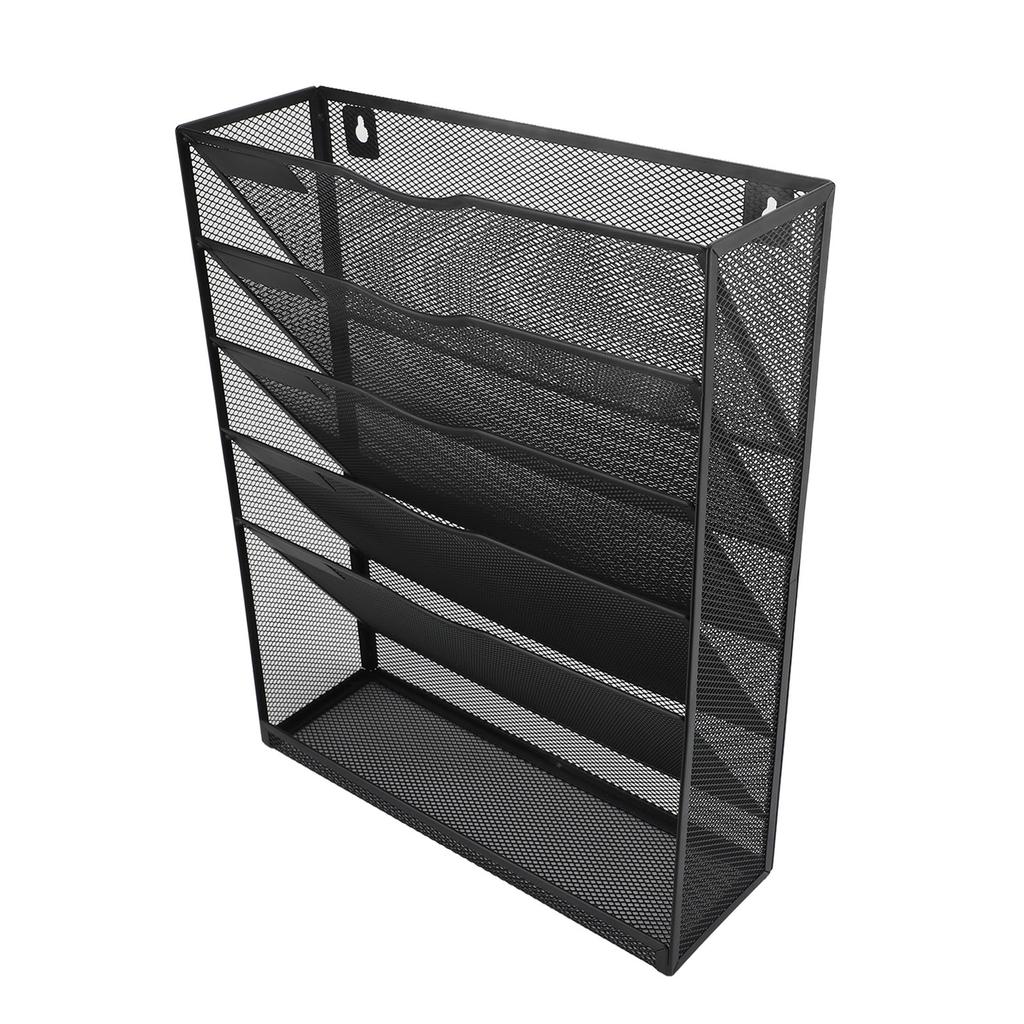 Wall Mount File Organizer with Bottom Tray 5 Tier Vertical Hanging Storage Holder for Office and Home Black