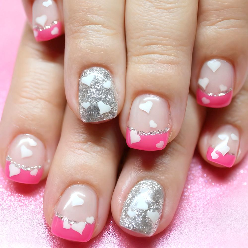 Valentine s Day Glossy Heart Rose Pink Glitter Press-On Nails - 24 Simple Wearable Stickers