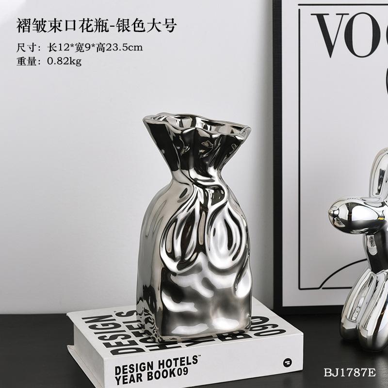 European Ceramic Silver Vase Pleated Bunched Mouth Hydroponic Flower Ware Living Room Dining Table Floral Vase Wedding Ornament