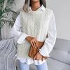 Women Crew Neck Sleeveless Knit Sweater Solid Color Tank Top Cutout Leaf Design Fall Winter Sizes S-L