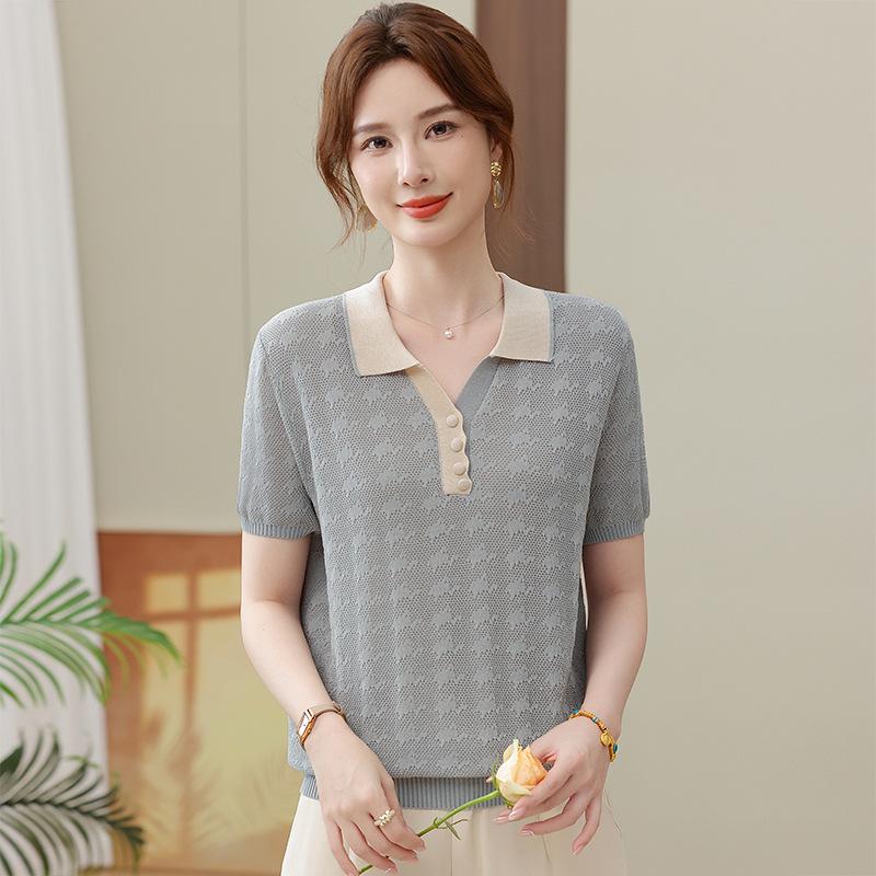 Summer Knit Lapel Ice Silk Top - Short-Sleeve T-Shirt for Middle-Aged & Elderly Women