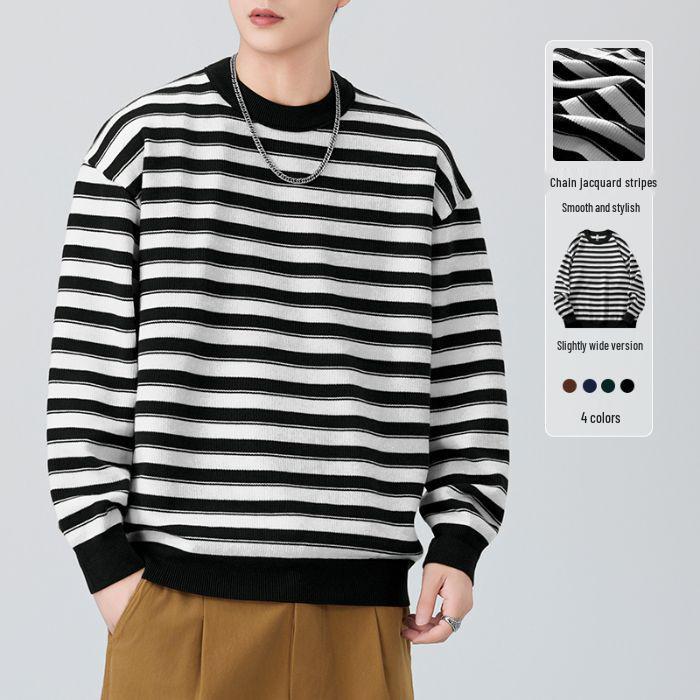 Shanggu Men's Autumn Anti-Pilling Striped Sweater | Round Neck Loose Knitwear
