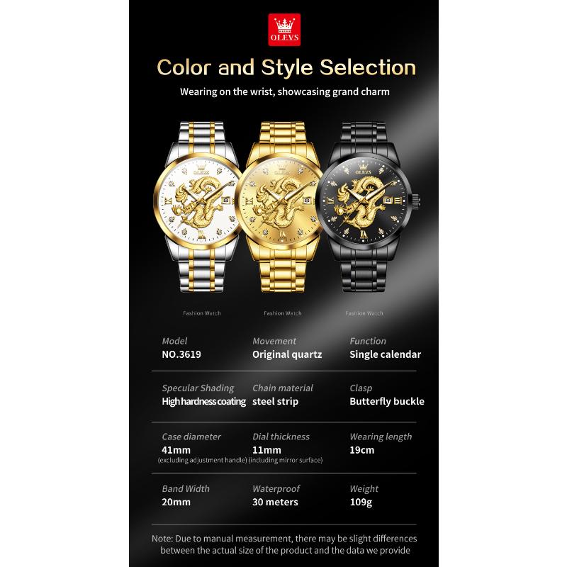 OLEVS Mens Watches Top Brand Luxury China Loong Dragon Dial Gold Quartz Watch for Men Waterproof Luminous Date Fashion Wacth Men