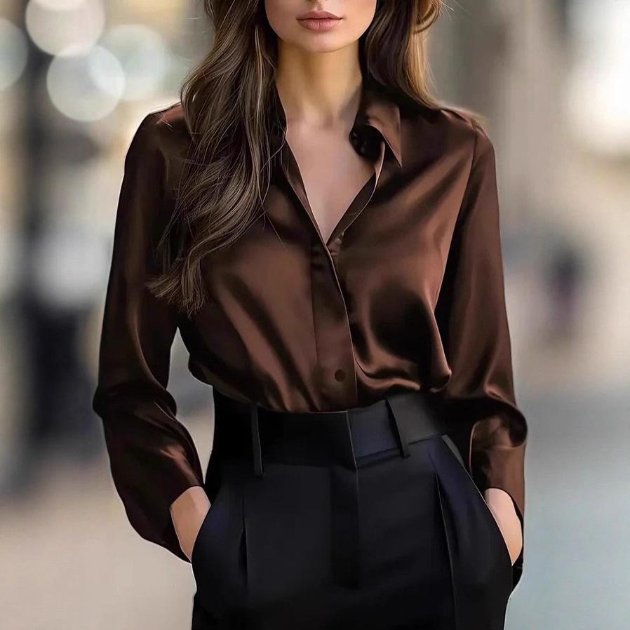 European and American temperament commuter long-sleeved shirt women's autumn POLO collar polyester cardigan