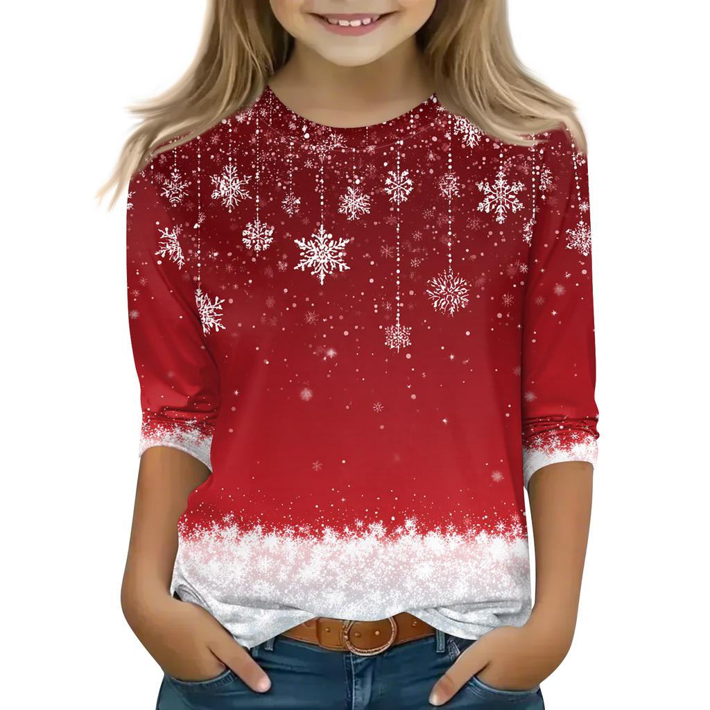 Christmas Day Print Tops For Youth Girls 4-11 Years Round Neck 3/4 Sleeves T-Shirts Trendy Tops Outfit Tees
