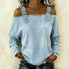 Women's Off Shoulder Denim Long Sleeve Top Buckle Strap Cold Shoulder Casual Blouse Shirt