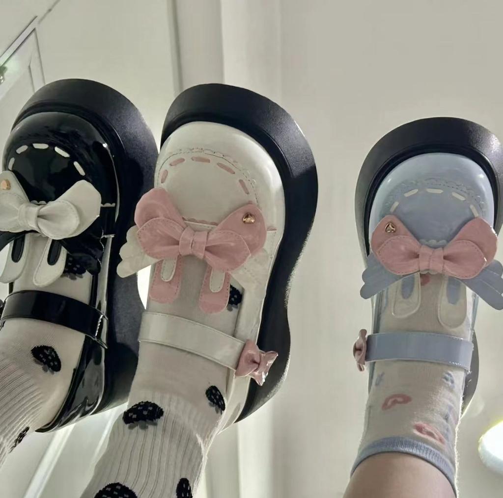 Woman Pumps Round Toe with Bow Cute Japanese Style Lolita Shoes for Women Black Kawaii Elegant Dress Genuine Mark Luxury Brand