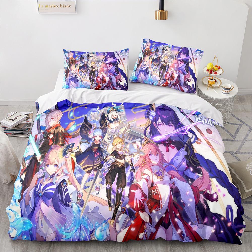 Genshin Impact Bedding Sets Quilt Bed Cover Comforter Duvet Cover Pillow Case 2-3 Pieces Sets Kids Adult Bedroom Decoration