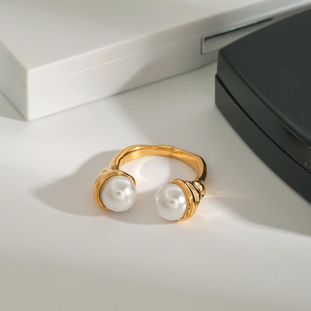 Fashion Imitation Pearl Geometric Open Ring Women Stainless Steel Elegant Gold Plated Stacking Ring High Quality Jewelry Bijoux