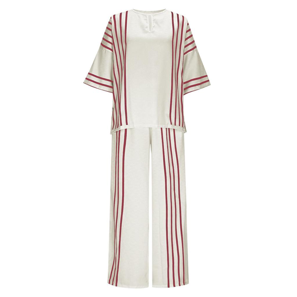 European & American Style Women's 2-Piece Set: Striped Short Sleeve Linen Cotton Top with Round Neck & Casual Pants, 2025