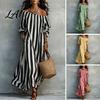 Loose Swing Dress Summer Women Striped Long Dress Off Shoulder Sleeve Casual Ankle Length with Side Pocket