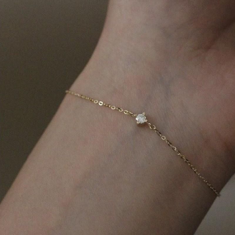 Sterling Thin Chain Bracelet With 14K Gold Plated CZ Stone Geometric Rhombus Design Daily Wear Layering