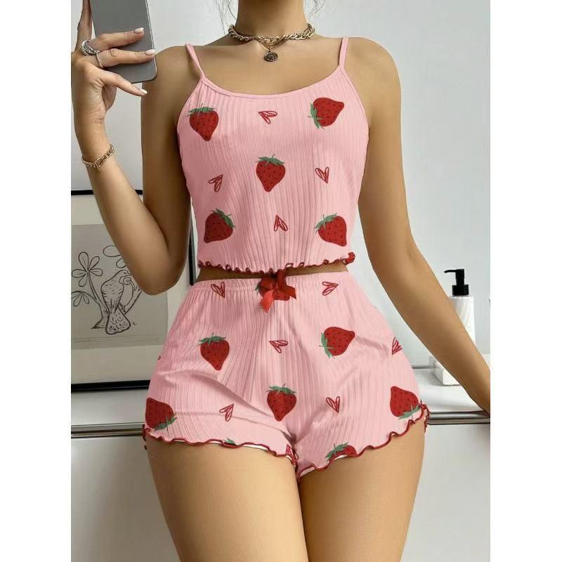 Strawberry Print Camisole & Shorts Women s Summer Pajama Set 2XL белый