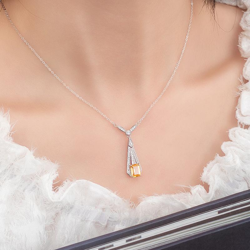 S925 Sterling Silver Art Deco Necklace Female Amethyst Peridot Geometric Pendant Light Luxury Clavicle Chain