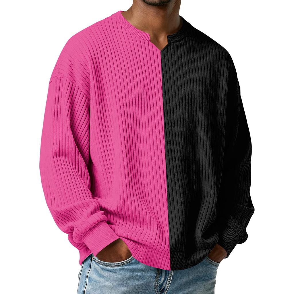 Herrars Färgblockerad Stilfull V-ringad Ribbad Texturerad Långärmad T-shirt