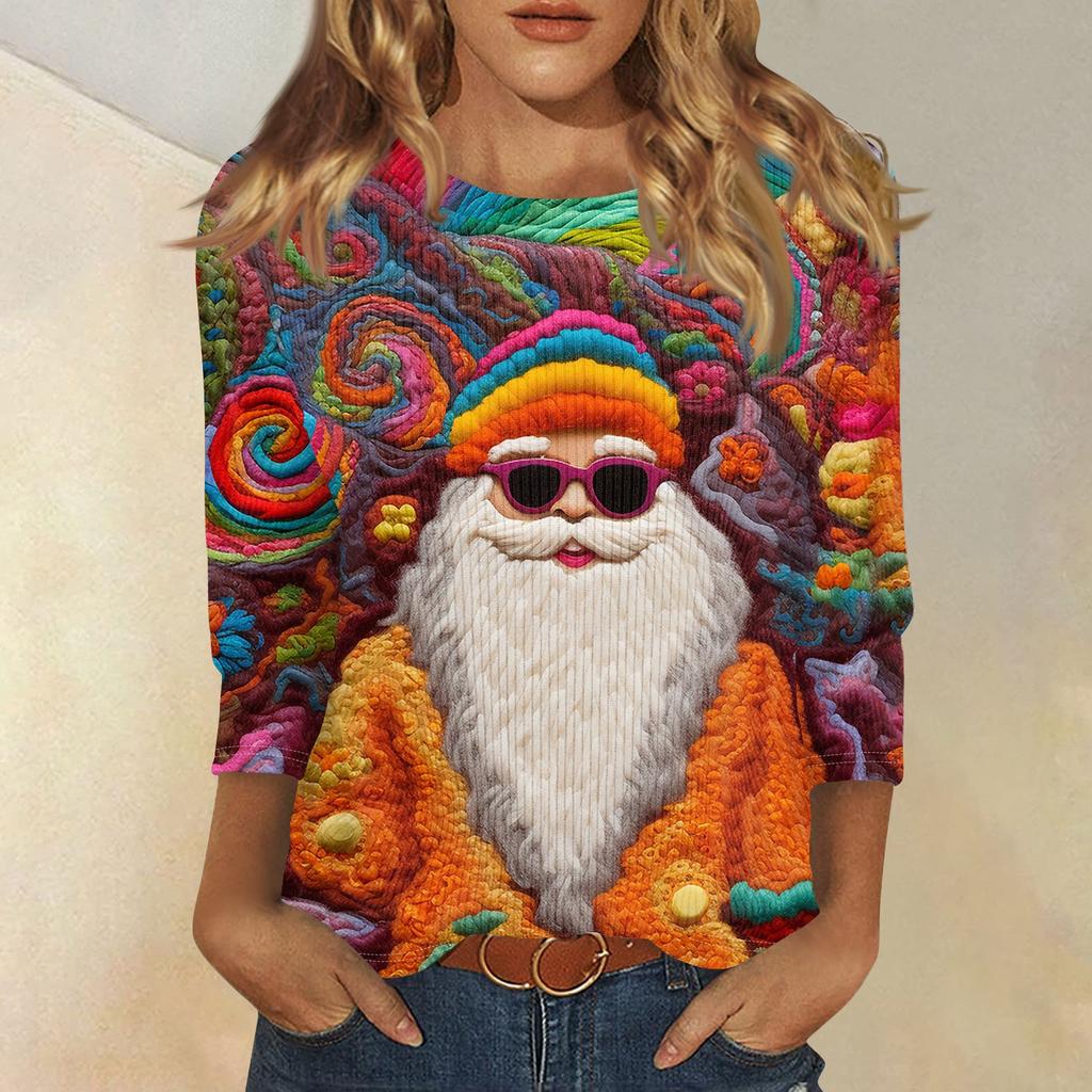 Damenmode und Winter Lässiges Rundhals-T-Shirt mit gebürstetem, geripptem Weihnachtsdruck und Dreiviertelärmeln, Damenbekleidung