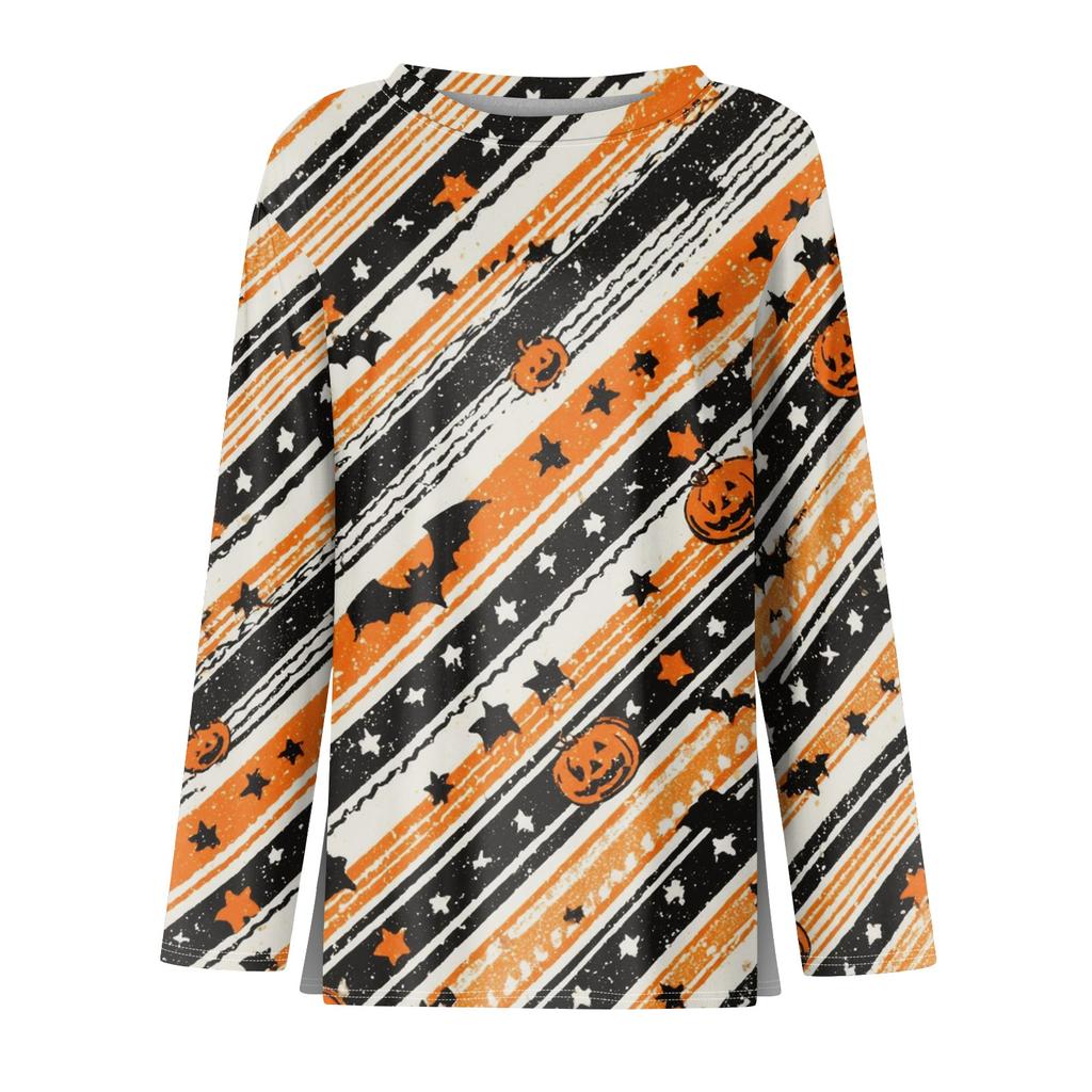 Women's Long Sleeve Halloween Print Top Split Hem Round Neck Casual Pullover Shirt with Festive Graphic Design for Seasonal Wear
