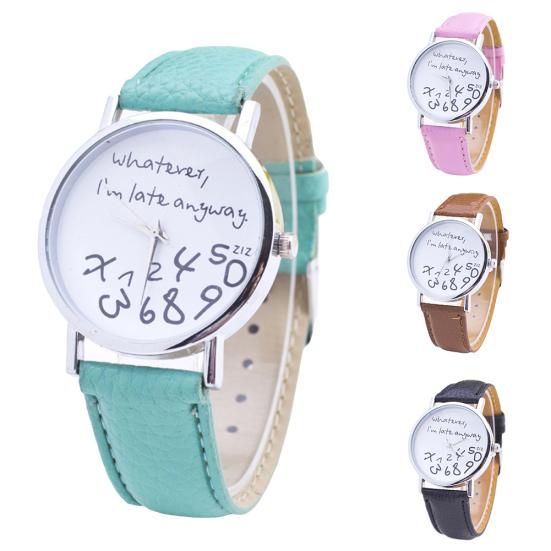 Damen Was Auch Immer Ich Bin Sowieso Zu Spät Buchstabe Rundes Zifferblatt Kunstlederarmband Quarz Uhr