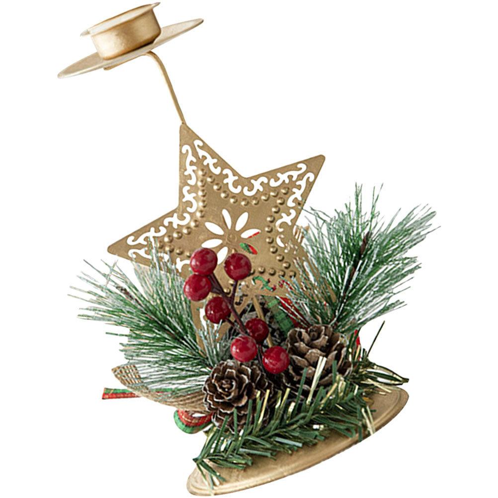 1pc Holder Christmas Decoration Wooden Iron Xmas Party Candlestick Desktop Tabletop Decorative Stand Festive Holiday