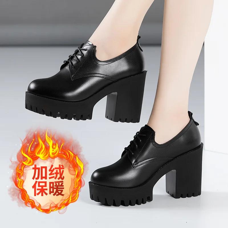 Fashion T Platform Walk Show 8cm High Heels Thick Heels New Autumn Velvet  Waterproof Platform Women Single Shoes Big Size 32-43