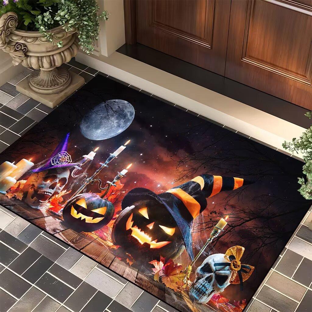 

Halloween Themed Door Mat with Spooky Pumpkin Witch Ghost Pattern Non Slip Absorbent Outdoor Indoor Welcome Mat for Home Decor 40x60cm