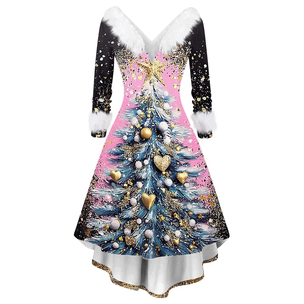 Women's Fashion Elegant Autun And Winter Long Sleeve V-Neck Christmas Print Dress