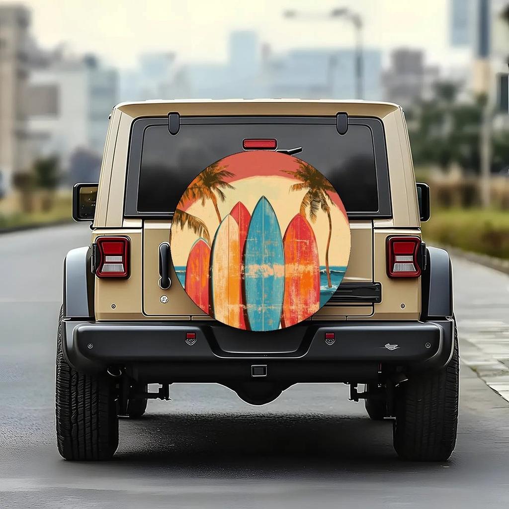 Surfboard Sunset Palm Tree Spare Tire Cover Durable