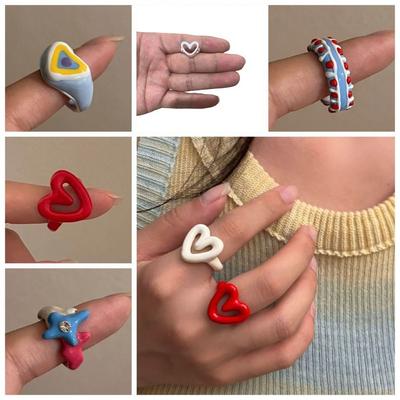 Y2K Enamel Heart Ring Chunky Jewelry Geometric Ring Fashion Design Dripping Oil Finger Buckle  Gift