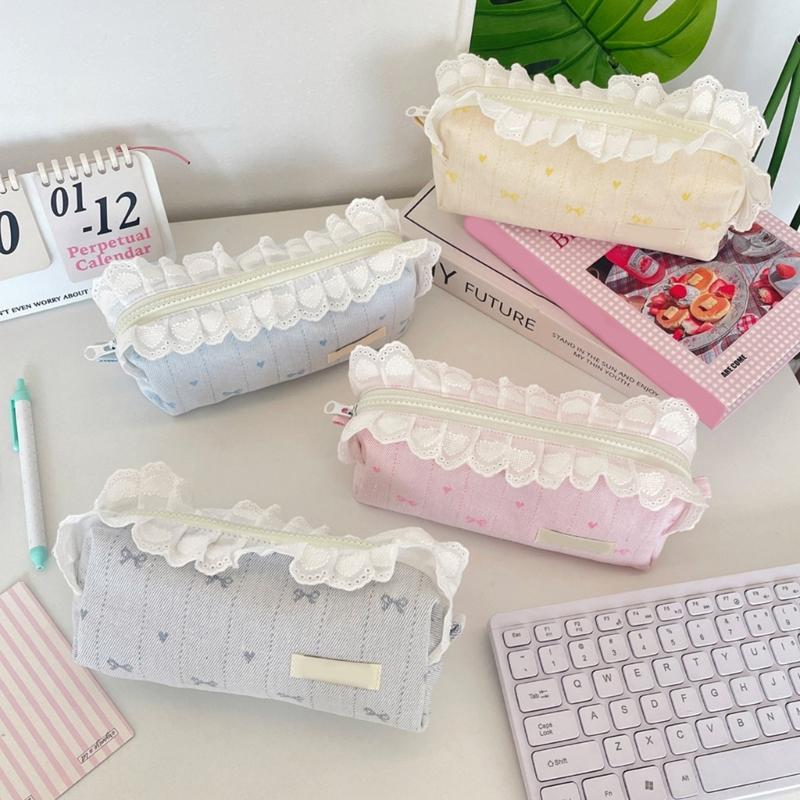 Lace Trim Pencil Case with Top Closure, Embroidered Heart Design for School Supplies, Desk Storage and Journaling