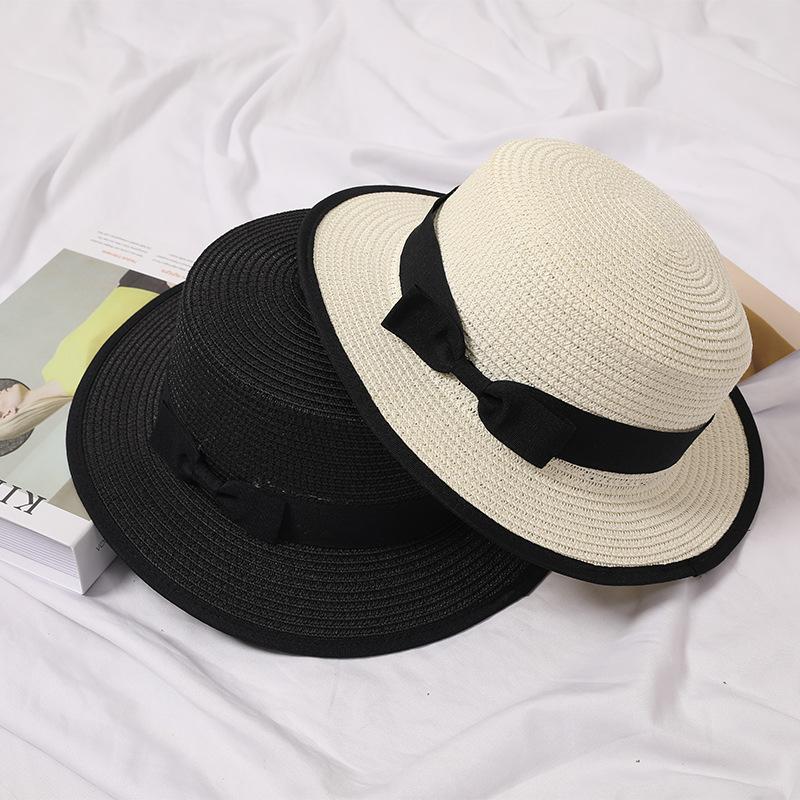 Summer new hat women's small fresh top hat bow flat top hemming straw hat outdoor sunshade sun protection beach hat