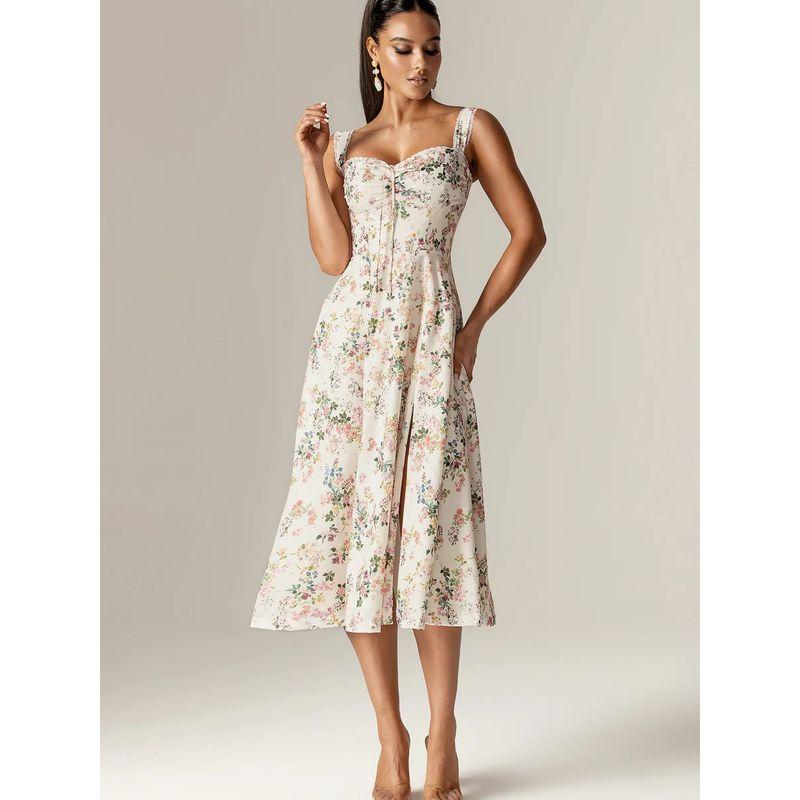 Encounter Flowers French Sweet Vintage Floral Lace Patchwork Pure Desire Split Suspender Skirt Mid Length Long Length Dress