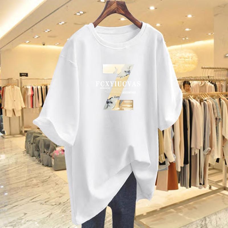 

Large size letter printed pure cotton t-shirt women s summer loose short-sleeved pure cotton top S