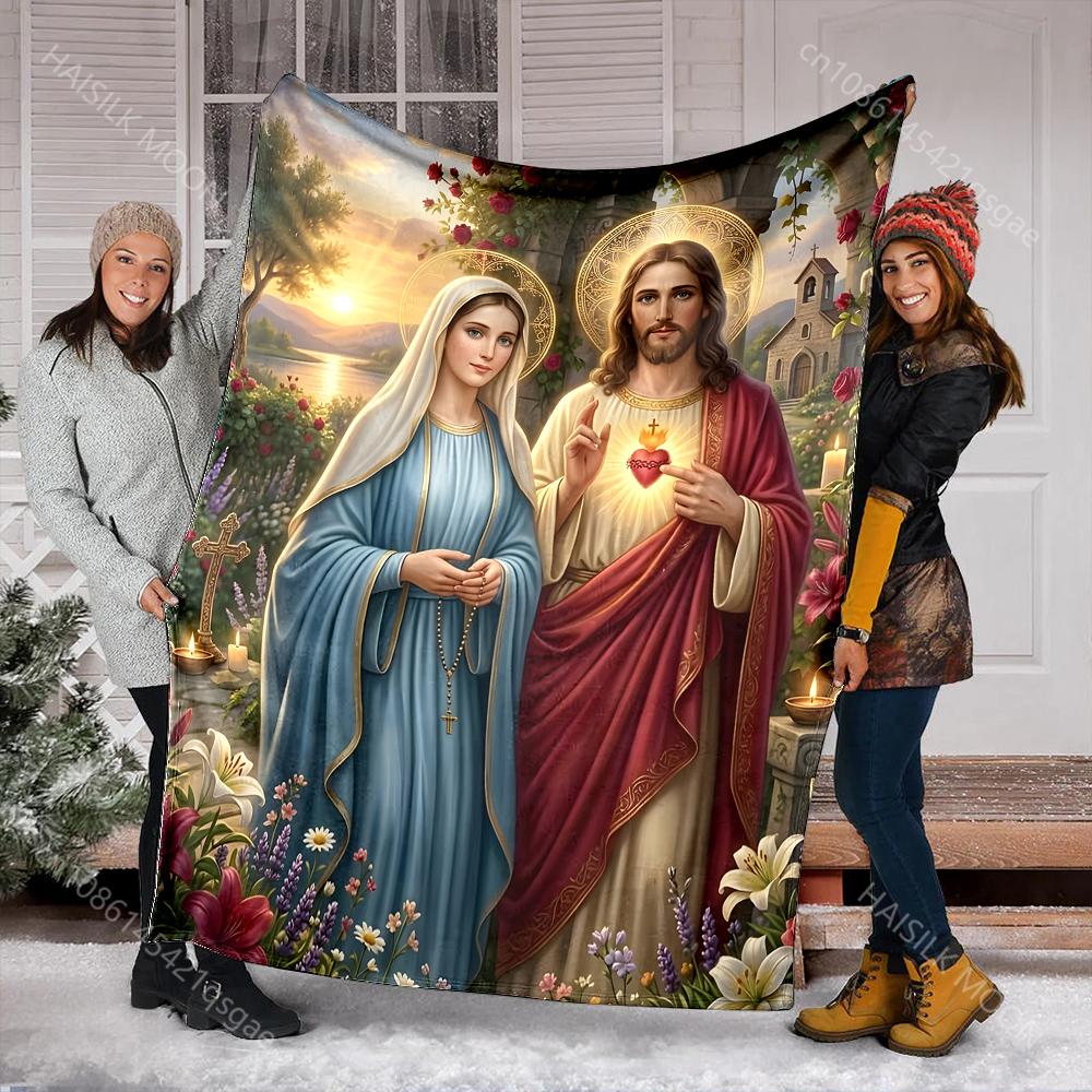 1PC Virgin and Jesus Halo Faith-printed Flannel Blanket Soft and Warm Suitable for Home Travel Picnics Camping and RV Use