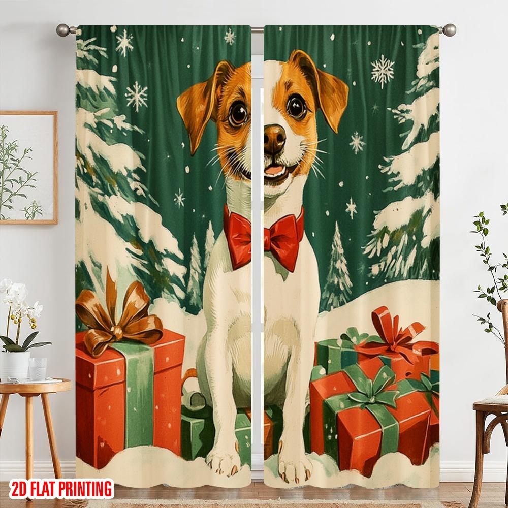 2pcs,2D plane printing Window Curtain Cute Dog Christmas Gifts Polyester Woven (without rod) Holiday for Bedroom, Living Room,