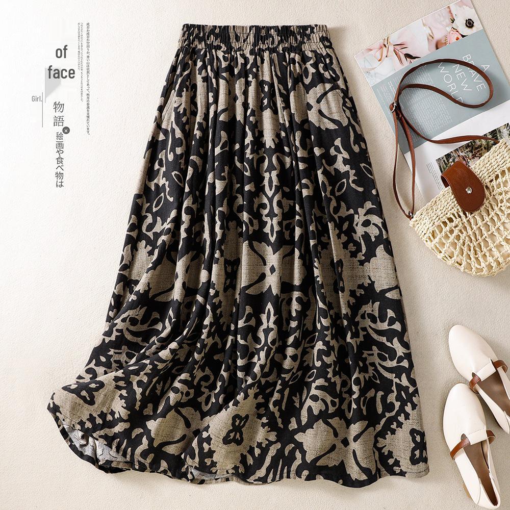 

2026 Spring/Summer Elegant Retro Printed Wide-Hem Umbrella Skirt - Petite, Slimming Chinese Style L Plus чёрный