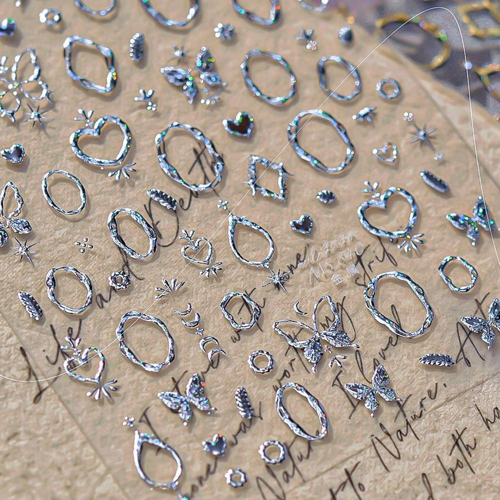 Elegant Silver Butterfly Frame Border Nail Art Stickers Hearts Stars Moon Feather Metal Self Adhesive Decoration Manicure Decal