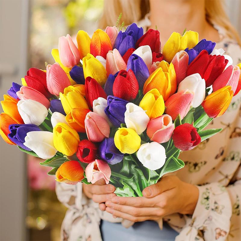 5/10/20Pcs Vibrant Multicolor 33cm Artificial Tulip Bouquet Real Touch Faux Flowers for Home Office Weddings Easter Decorations