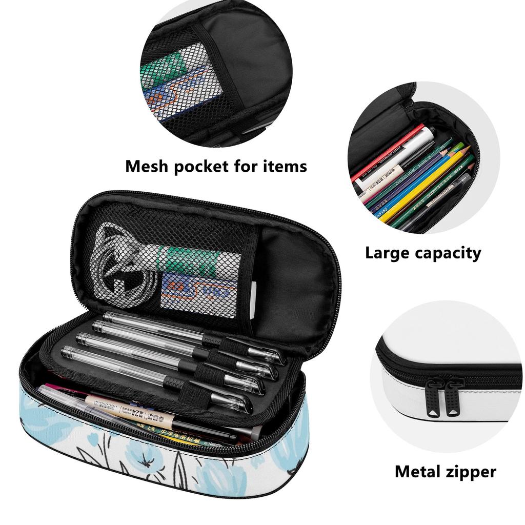 Pencil Case Portable Durable 300D Polyester Zipper Closure with Main Compartment Mesh Pocket and Pen Slots for Classroom Use