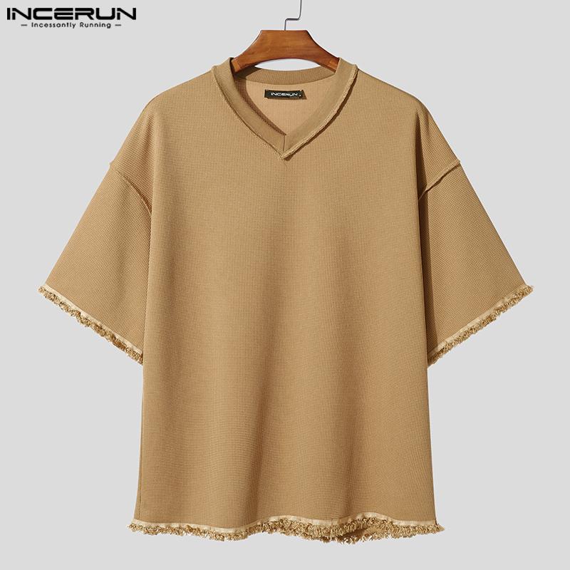 INCERUN Pánská nadměrná trička s texturou, s krátkým rukávem a výstřihem do V, ležérní volná