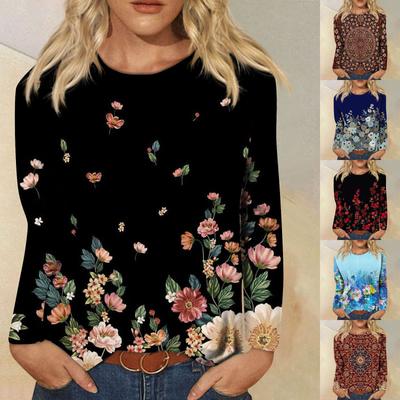 Blusa informal de manga larga con cuello redondo y estampado a la moda para mujer